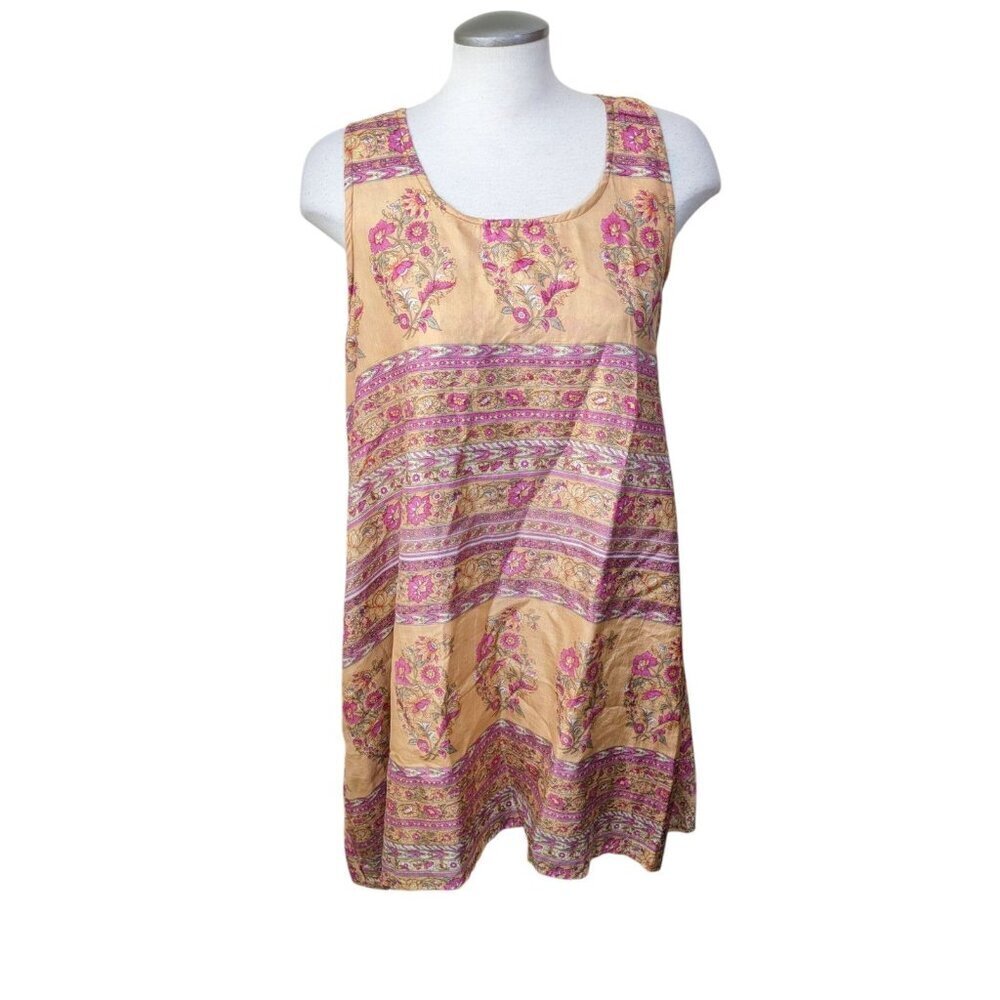 Guru Silk Dress Women L Peach Mixed Print Boho Asymmetrical Hem Festival Y2K